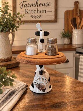 🐄 Vintage Farmhouse Cow-Print Salt & Pepper Holder